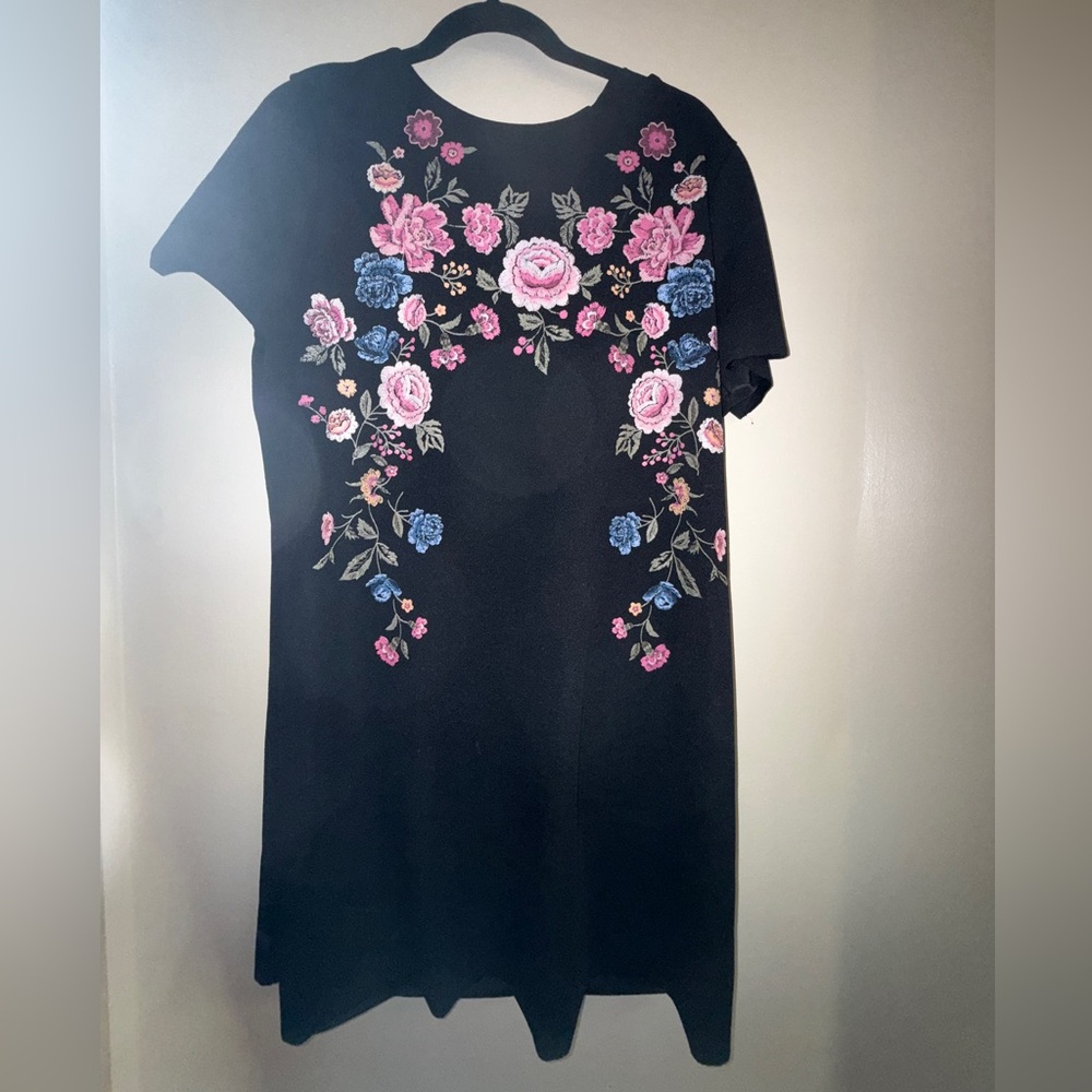 Xhilaration Black Dress with Pink and Blue Floral Embroidery Print